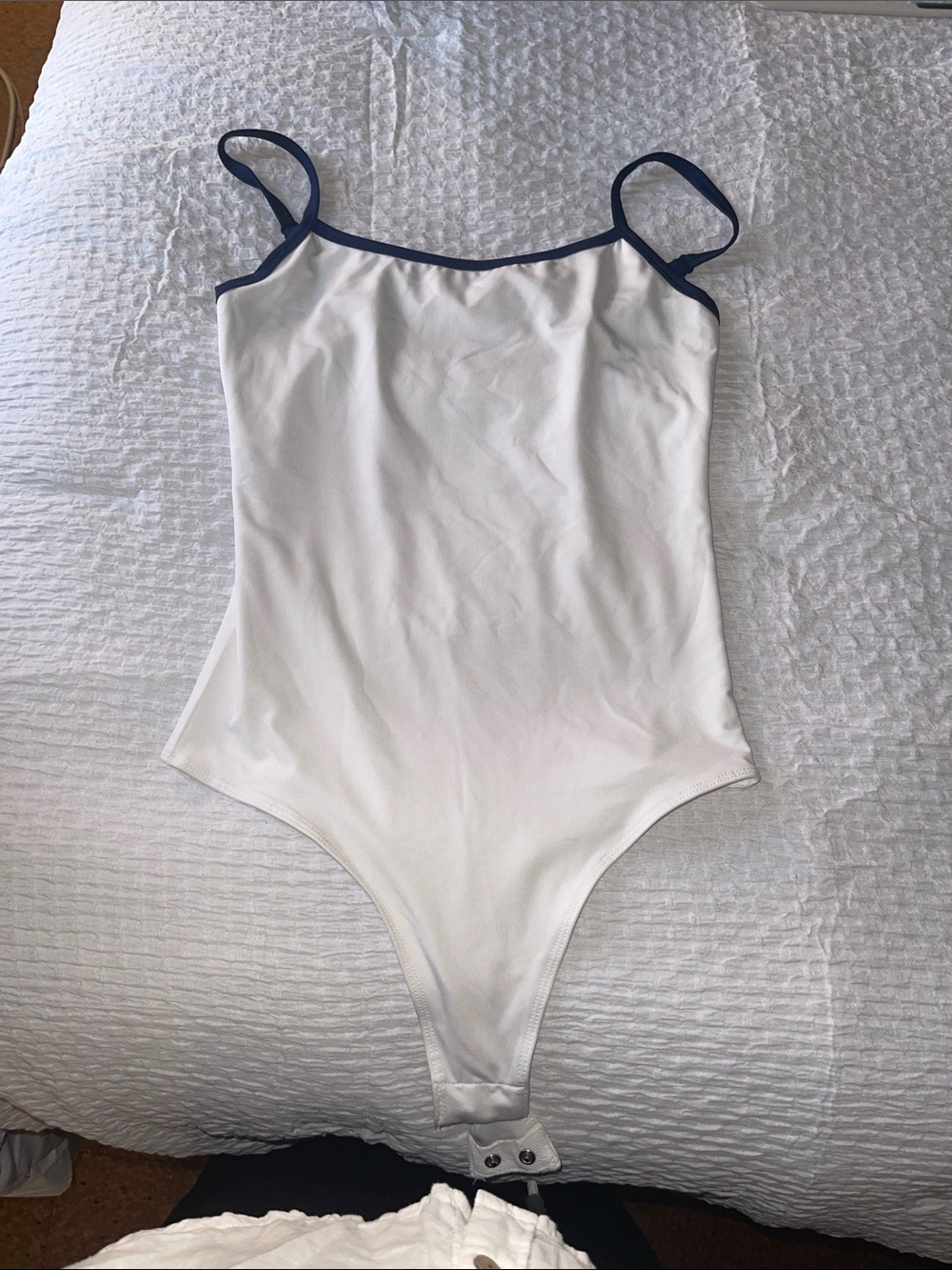 Women White One-Piece Bodysuit with Navy Trim